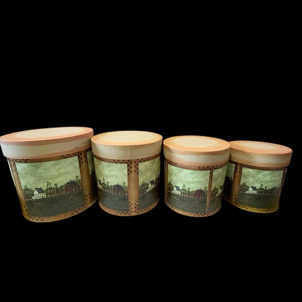 M.J. McNosky Stackable Primitive‎ Folk Art Farmhouse Storage Boxes Decor 4pc
